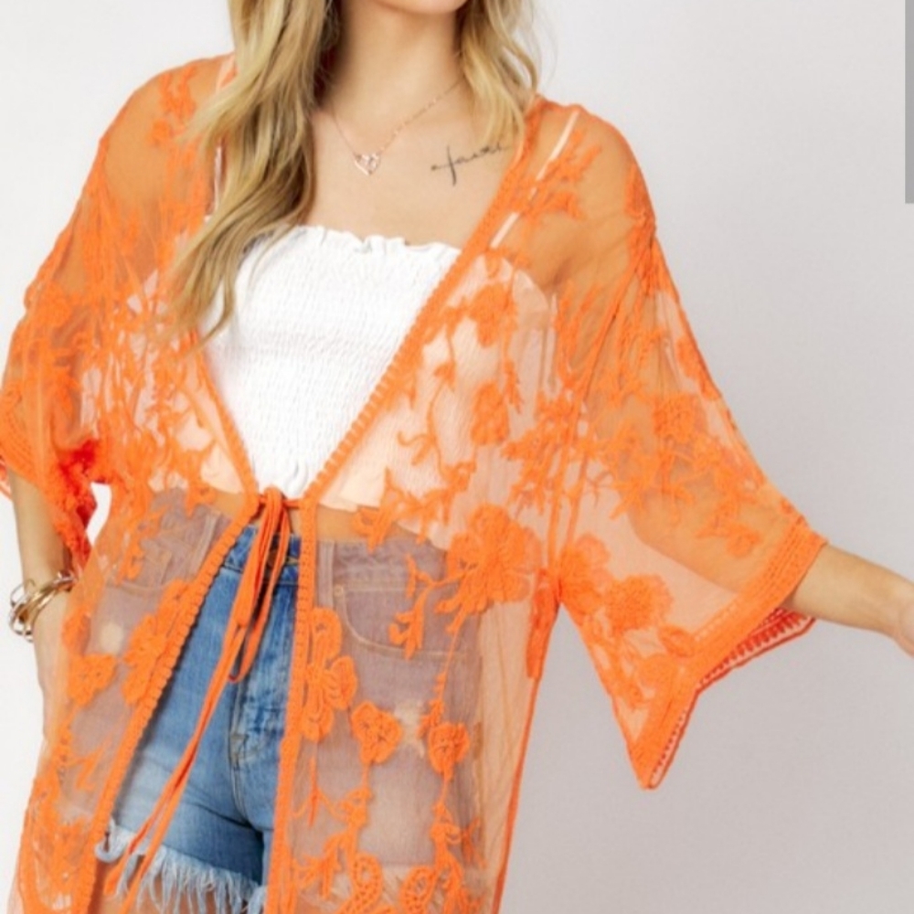 Davi & Dani Orange Boho Sheer Lace Maxi Kimono Size M/L